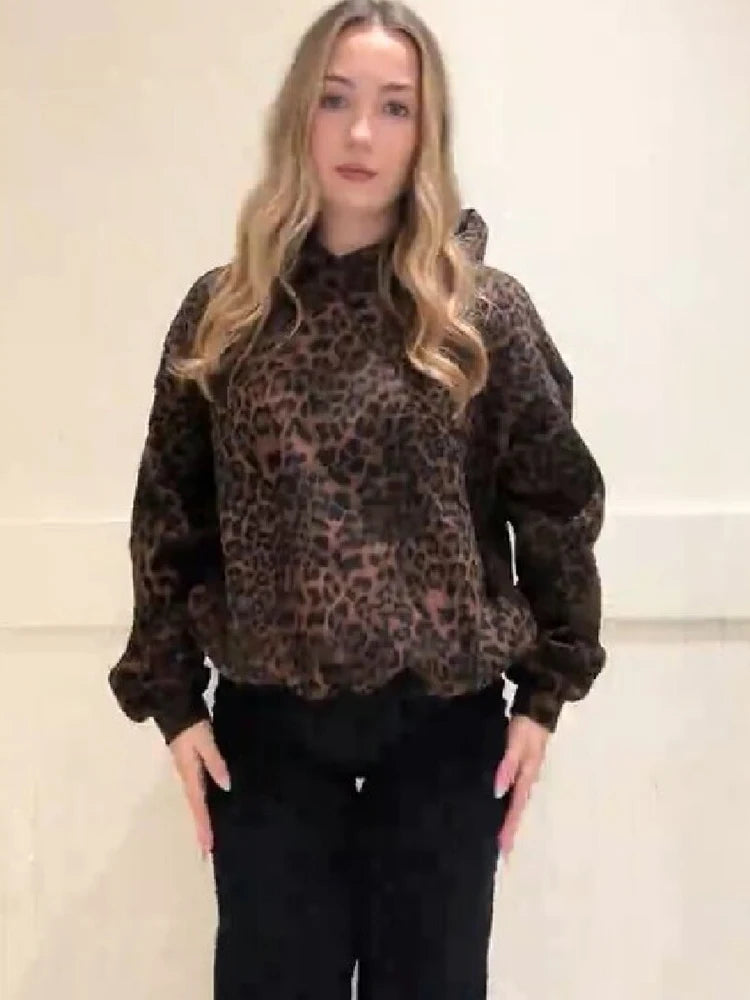 Vintage Chic Leopard Print Hoodie Casual Long Sleeve Loose Pullover Hooded Sweatshirts Lady Trendy Fashion High Street Outfit