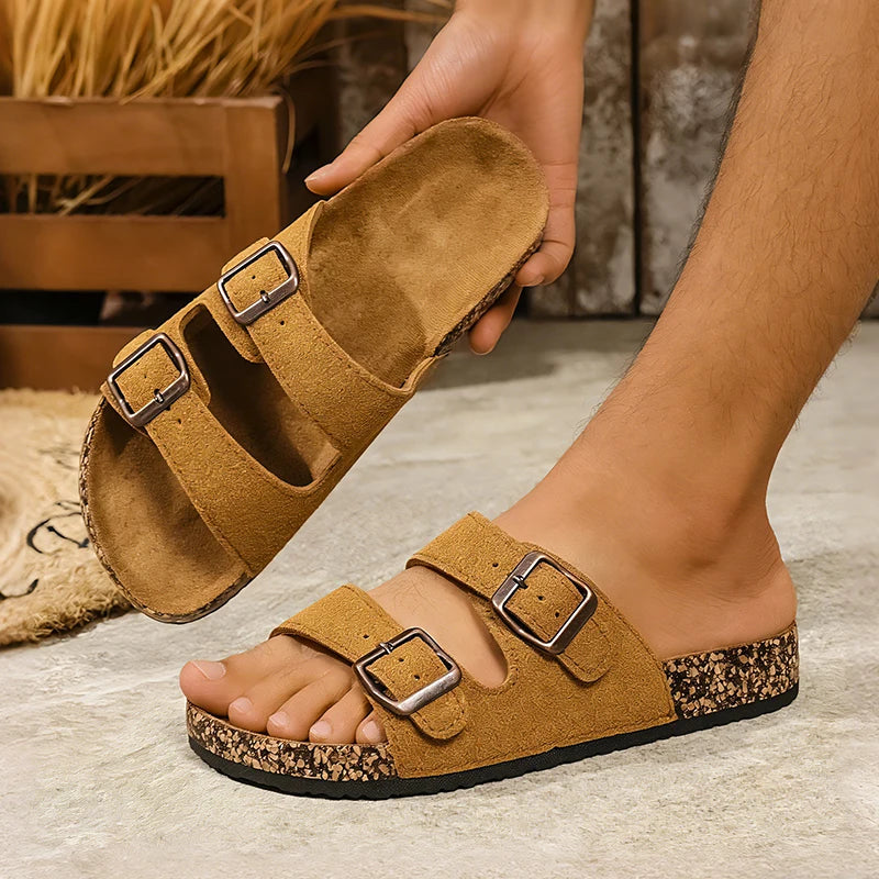 Men's Summer, Spring, and Autumn Casual Simple Buckle Cork-Patterned Adjustable Pu Upper Flat-Soled Slip-On Double-Bar Slippers for Beach and Home Outdoor Use