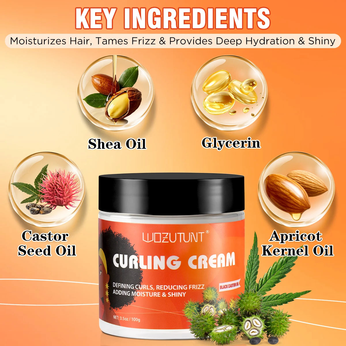 WOZUTUNT Curl Defining Cream 100g, Leave-in Styling Cream with Black Castor Oil,Frizz Control Hydrate for Bouncy Shiny Hairstyle