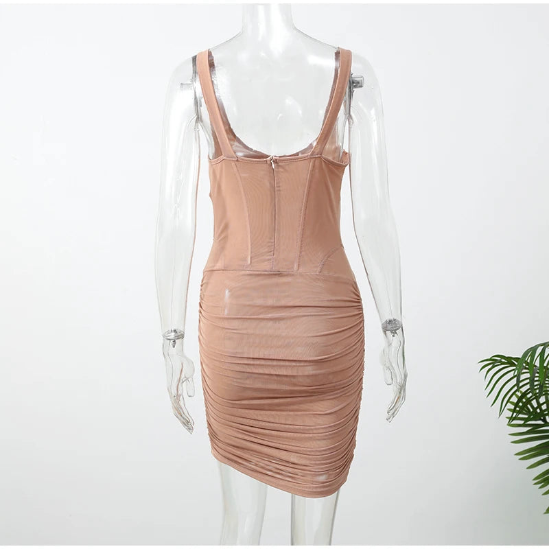 Fashion Slim Fishbone Dress Women Elegant Solid V-neck Sleeveless Pleated Bodycon Mini Dresses 2026 Summer Lady Party Gown