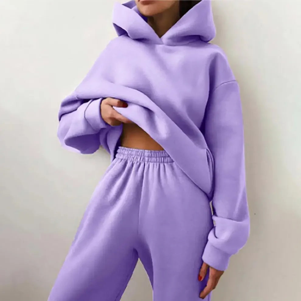 Two Piece Pant Sets Women Solid Thick Sweatshirts Hooded Full Sleeve Elastic Waist Spliced Long Pants Pockets Casual Suits