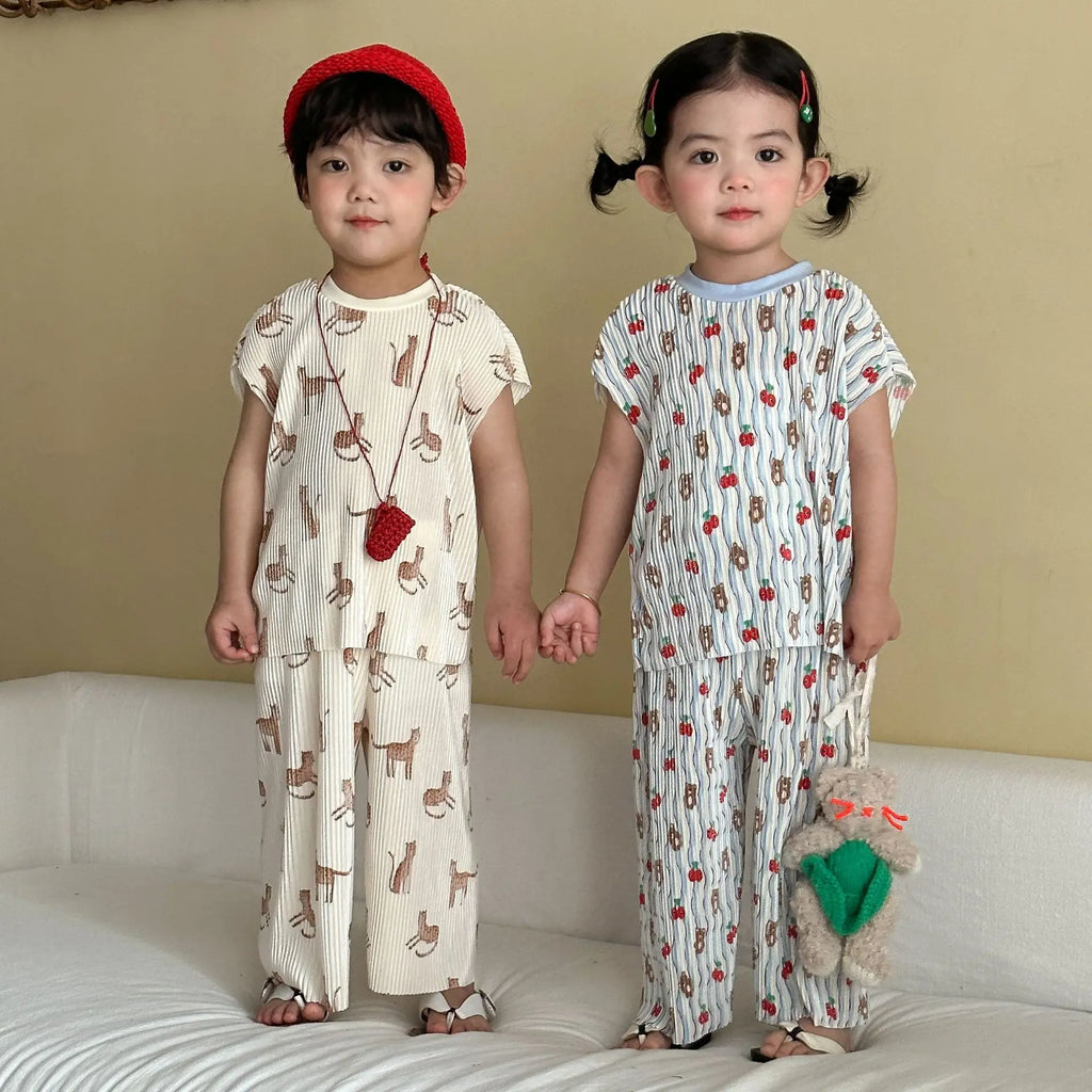 2026 New Infants Kids Matching Clothing Set Cartoon Print Pleated 2 Pieces Suit Tank Top Trousers Soft Loose Streetwear Homewear
