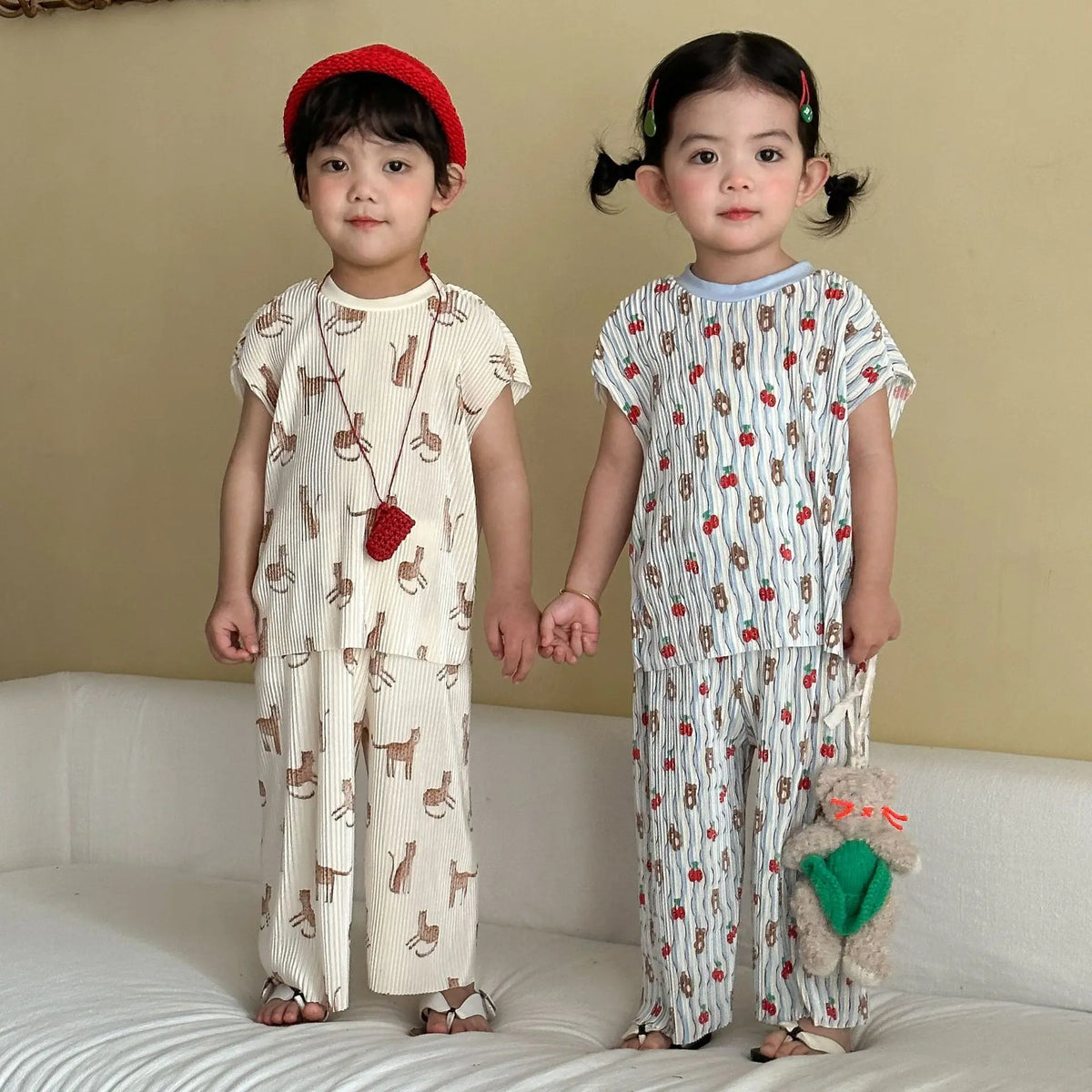 2026 New Infants Kids Matching Clothing Set Cartoon Print Pleated 2 Pieces Suit Tank Top Trousers Soft Loose Streetwear Homewear