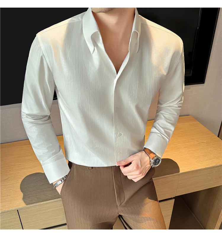 Men's 2026 Spring Luxury Lyocell Cotton Shirt, Leather-Like Texture Jacquard V-Neck, Long Sleeve Business Casual Top