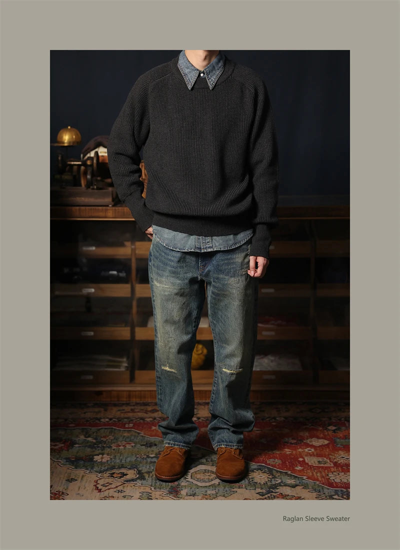Classic Raglan Sleeve Crewneck Sweater Vintage Style Men's Wool Blend Knitted Pullover Jumper Thick
