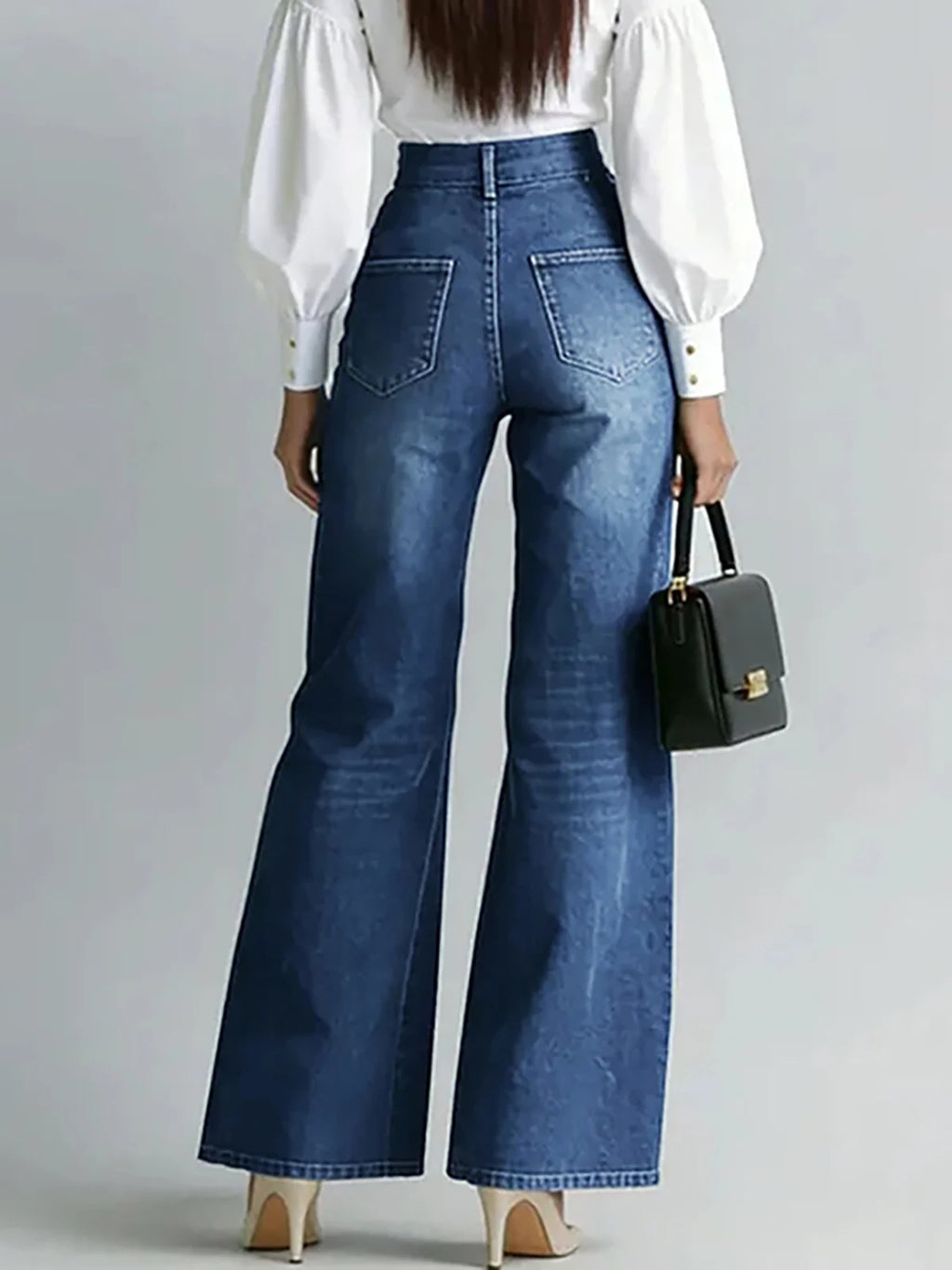 Women's Stylish Double Gold Zipper Denim Jeans Casual High Waist Vintage Straight Tube Wide Leg Flared Streetwear Denim Trousers