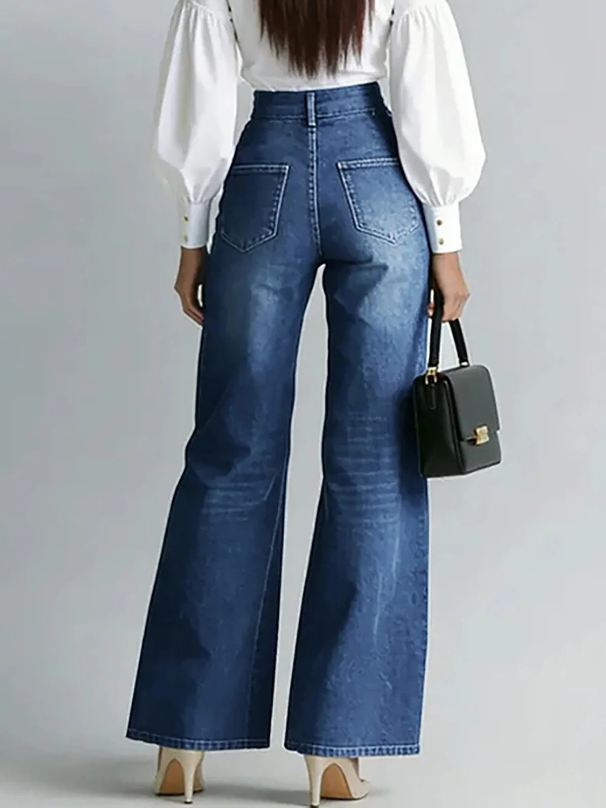 Women's Stylish Double Gold Zipper Denim Jeans Casual High Waist Vintage Straight Tube Wide Leg Flared Streetwear Denim Trousers