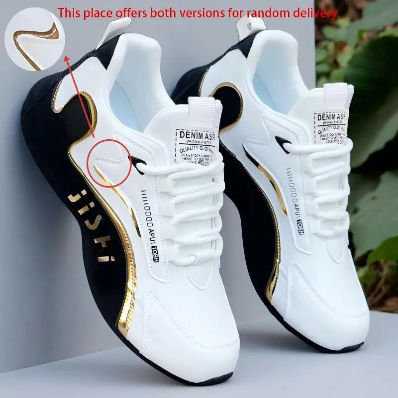 Men's Fashionable Sneakers – Casual Sneakers with Gold Accents, White Upper, Black and Gold Embellishments, Lace-Up Style, Perfect for Pairing with Casual Outfits and for Outdoor Activities