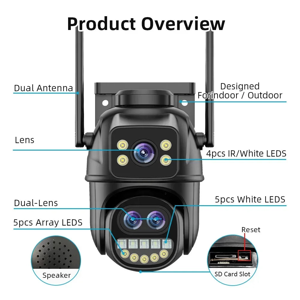 6K 12MP ICSEE Wifi Security Camera 3 Lens Dual Screen 8X Zoom Outdoor Waterproof Auto Tracking Human Detect Surveillance Camera