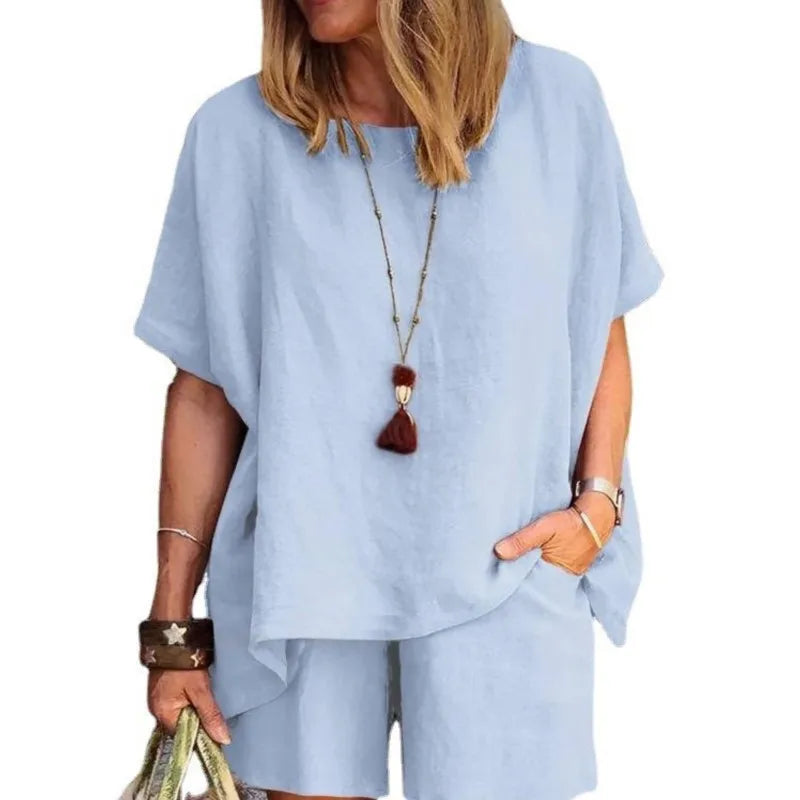 Ladies Shorts Suit Fashionable Summer Women's Elegant Solid Color Pullover Loose Cotton Linen Short Sleeved Shorts Two-piece Set