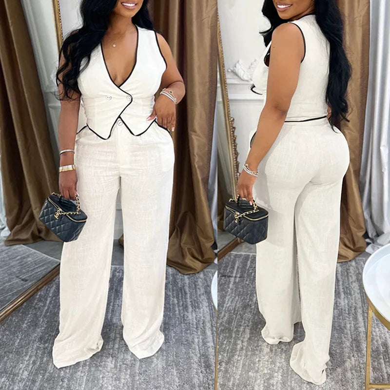 BKLD 2025 Women's Temperament Commuting Suit Contrasting Button Sleeveless Vest Tops+Zipper Pockets Pants Fashion Casual Outfits
