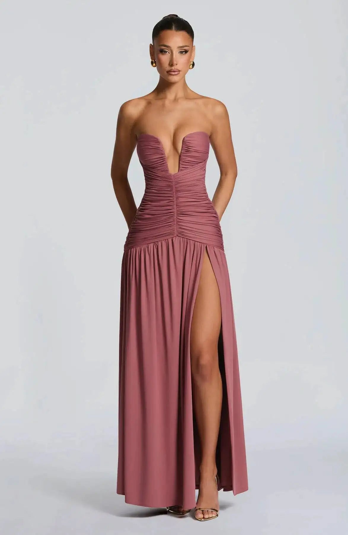 Avrilyaan Deep V High Slit Backless Sexy Dress Women 2026 Elegant Maxi Long Dresses Pleated Sleeveless Summer Dress Vestidos