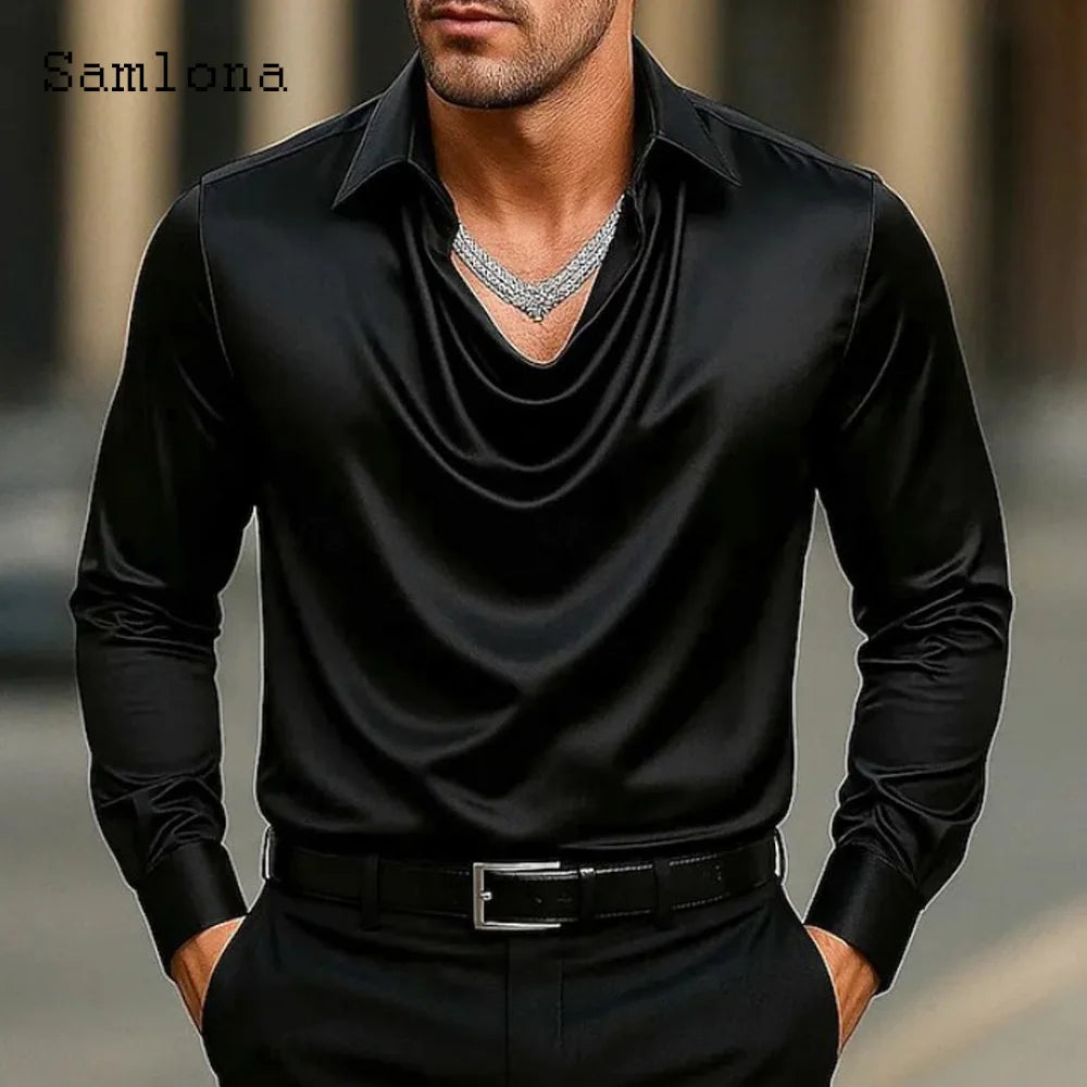 Men Long Sleeves Notched Shirt Clothing 2025 European Fashion Basic Top Solid Silver Gold Blouse Mens Casual V-neck Shirts Homme