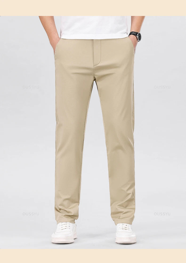 High Quality 97% Cotton Men's Straight Pants Business Solid Color Khaki Light gray Casual Formal Suit Trousers Plus Size 40 42
