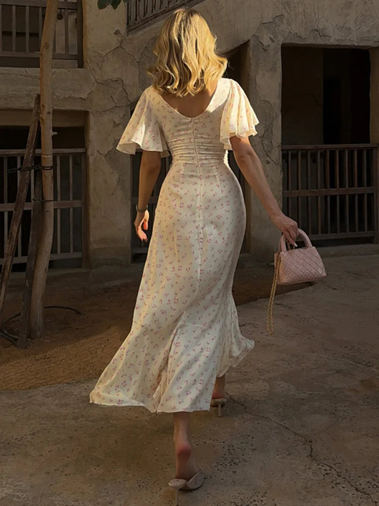 Elegant Print Women Long Dress Chic Ruffle Pleated Short Sleeve V-neck Waist-Closed Female Dresses 2026 Summer Beach Lady Robe