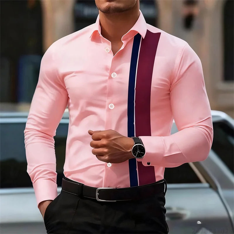 Men's fashionable contrast color striped long sleeve shirt European and American style business casual trendy casual men's shirt