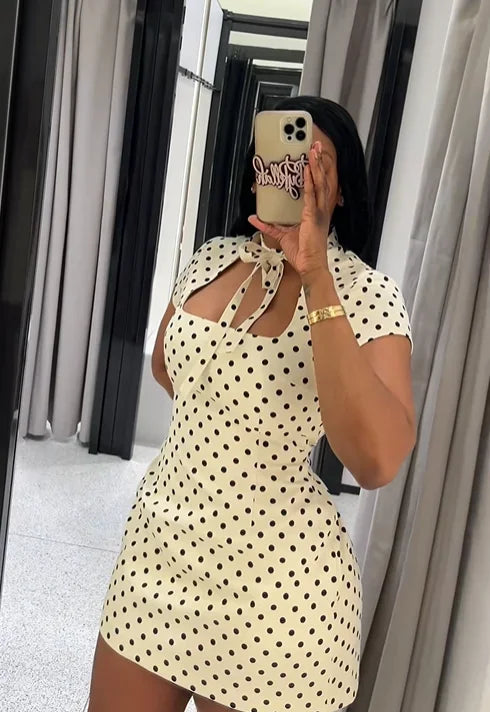 Elegant Lace-up Polka Dot Mini Dress Lady Chic Short-sleeved Waist Cinching Slim A-line Vestidos 2026 Women Evening Party Gowns