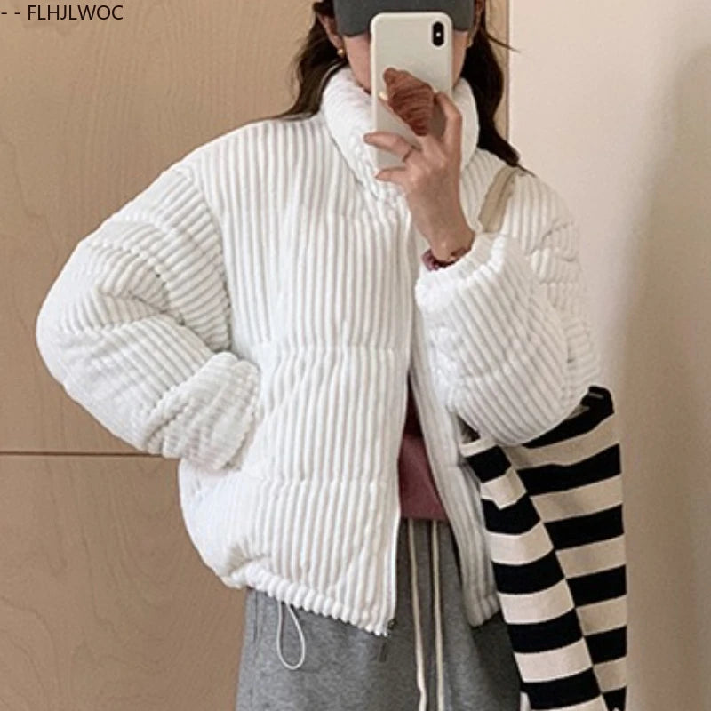 Corduroy Cotton 2025 Winter Turtleneck Warm Outerwear Coats Cake Korean Style Cute Girls Short Down Jacket Short Women Parkas