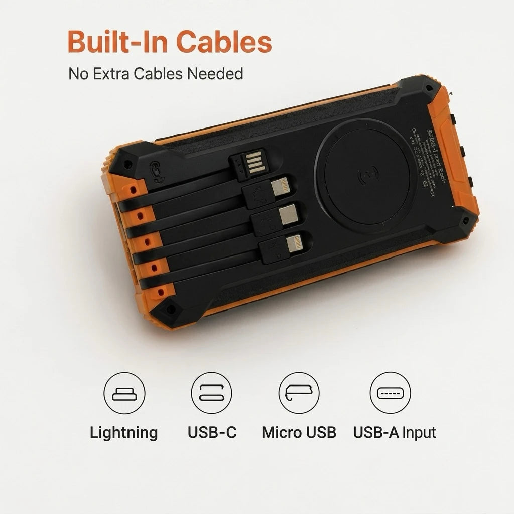 50000mAh Solar Power Bank Fast Charging Portable Charger with Built-in Cables Wireless Outdoor Battery Pack