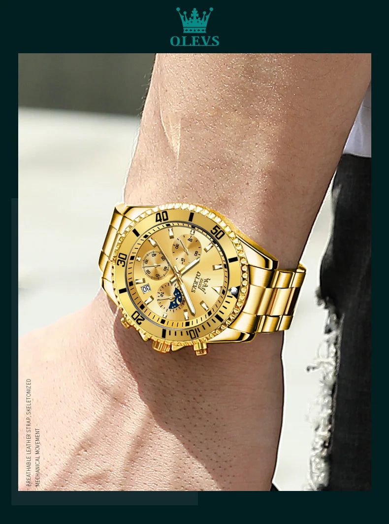 OLEVS 2870 Gold Men Watch Luxury Original Diving Series Men Watch Calendar Moon Phase Chronograph Sport Men Quartz Watch Gift