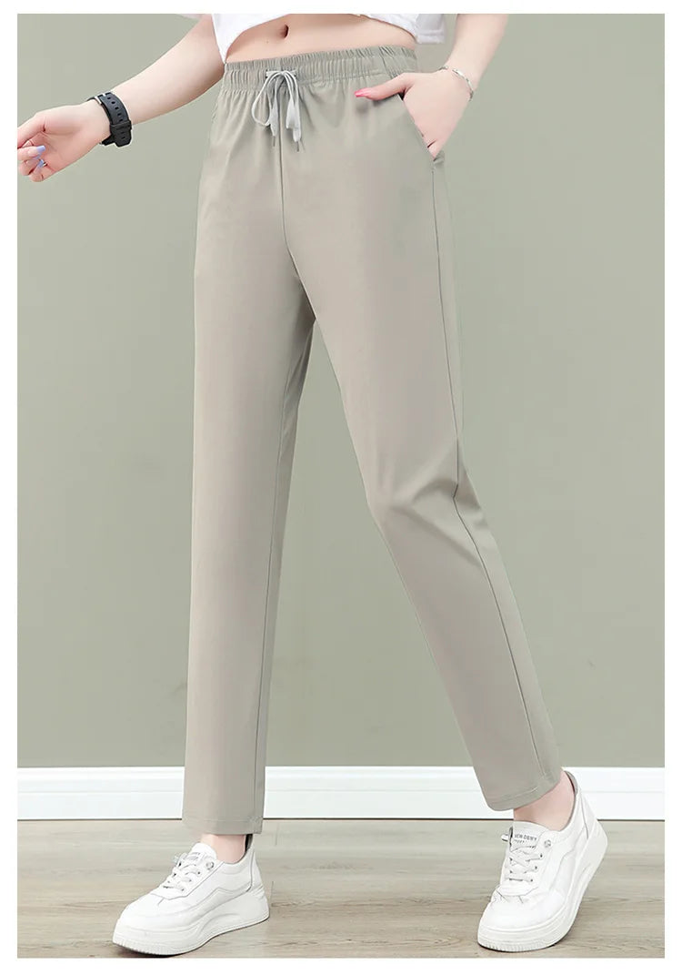 New Women'S Fashion Loose Summer Thin Ice Silk Pants Mom'S Casual High Waist Comfortable Versatile Sports 9-Point Trousers
