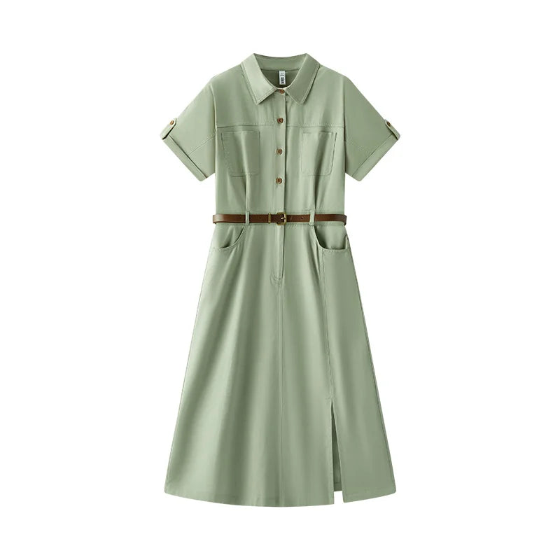 Semir Women Dress Shirt Collar Cotton Slit Midi Belt Slim Vintage Urban Workwear 2026 Summer Fashion Office Top