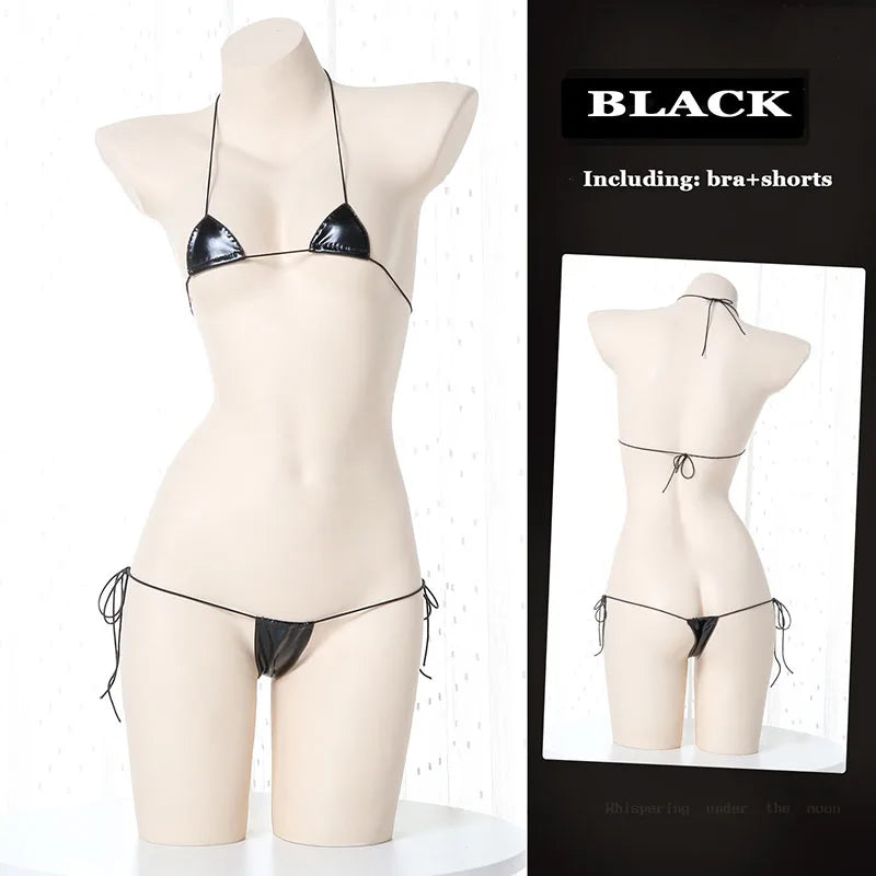 Summer Beach Womens Micro Mini Bikini Set Women Sexy Underwear Temptation Leather Lace-Up Bra Outfit Costumes Cosplay Swimsuit