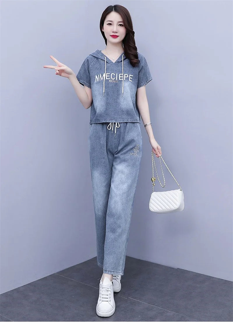 Summer Thin Jeans Set Women Fashion Short Sleeve Hooded Pullover Tops + Elastic Waist Wide Leg Pants 2PCS Female Denim Outfit
