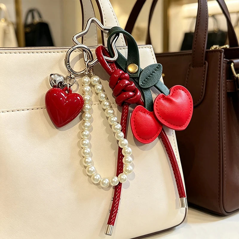 Y2K Leather Rope Red Cherry Keyring Pearl Beads Bag Key Chain Charm Pendant Women Trendy Keychain Decoration