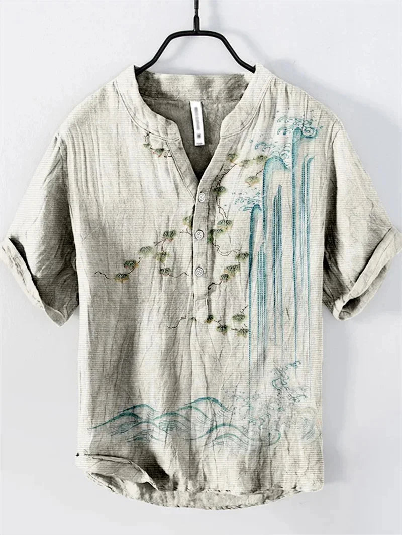 Hot sale Henry shirt 2025 summer men's casual short-sleeved T-shirt floral print top linen blend comfortable fabric XS-6XL size