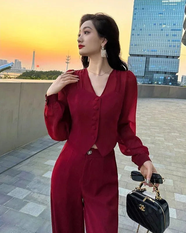 Women Pant Sets for 2 Pieces Red Sexy Holiday Outfits Trousers Woman Spring Autumn Shirt Blouse and Clothing Sales Luxury Full D