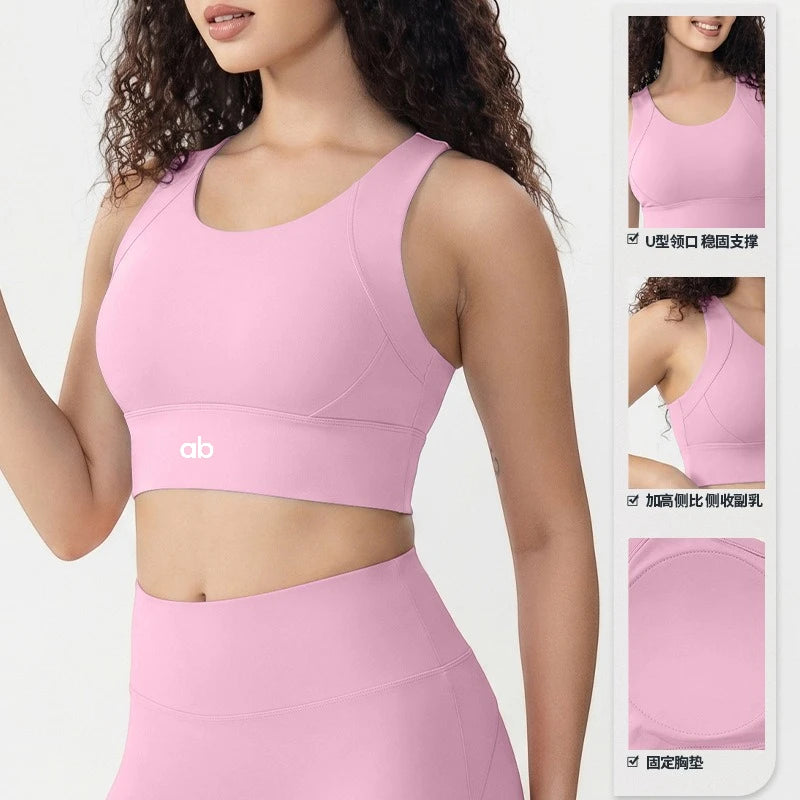 Women Fixed Chest Pad Integrated Sports Bra High Impact Shockproof Quick Dry Yoga Gym Workout Tank Top Ropa De Mujer