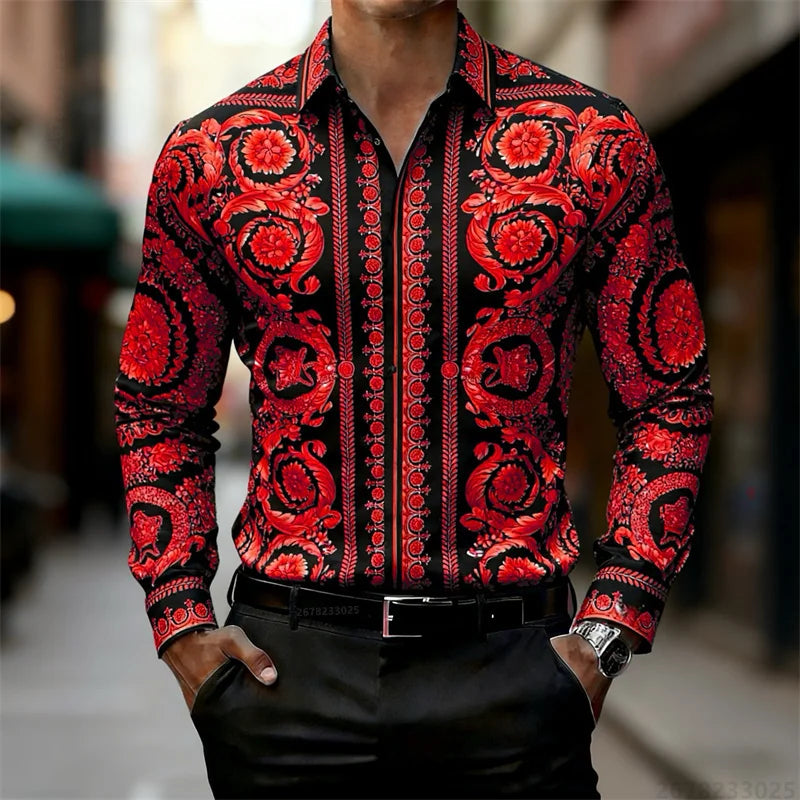 Men's Shirt Luxury Baroque Style Gold Pattern Long Sleeve Shirt Fashion Slim Palace HD Print Shirt AliExpress Hot Sale XS-6XL