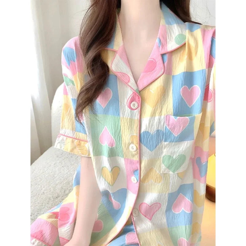 Women's Summer Sweet Cute Multi Heart Pajama Sets Lady Loose Short Sleeve Pants Sleep Two Piece Suits New Homewear Outfits 2025