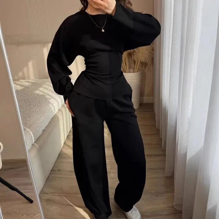 Women's 2 Piece Long Sleeve Top and Wide Leg Pants Set Casual Solid Color Pullover Sweatshirt and Trousers Lounge Wear Outfit