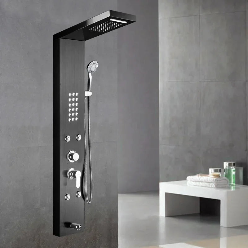 Luxury Black Color Thermostatic Led Rain Shower Head Bathroom Stainless Steel Wall Mounted Waterfall Shower Panels