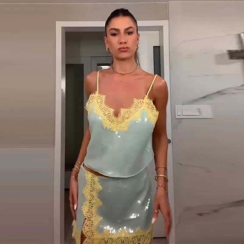 Sexy Sequin Sling Mini Dress Women Backless Lace Patcheork Straight Shiny Vestidos Female 2026 Summer New Chic Party Dresses