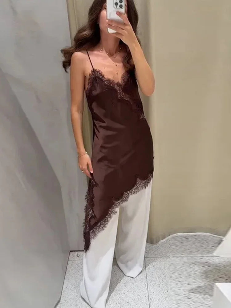 Tuularose Women's Lace Spaghetti Strap Dress Sexy Sleeveless Lace Patchwork Asymmetrical Dress Summer Party Looks Elegant Dress