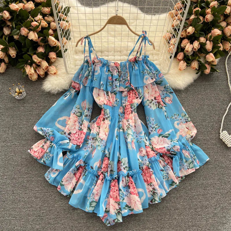 2025 New Retro Summer Beach Vacation Dress Women Sexy Strapless Lantern Sleeve Sweet Floral Jumpsuit Short Chiffon Print Dresses