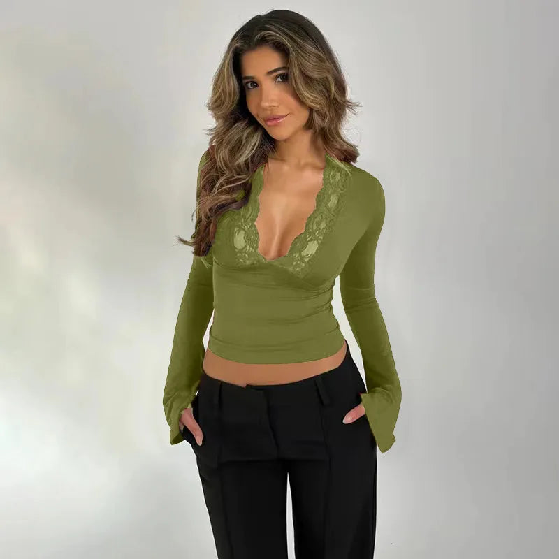 Sexy Lace V-Neck Long Sleeve T-Shirt Women's Waist-Cinching Top Pure Color Polyester Fabric Thin Autumn Winter Ladies Tee