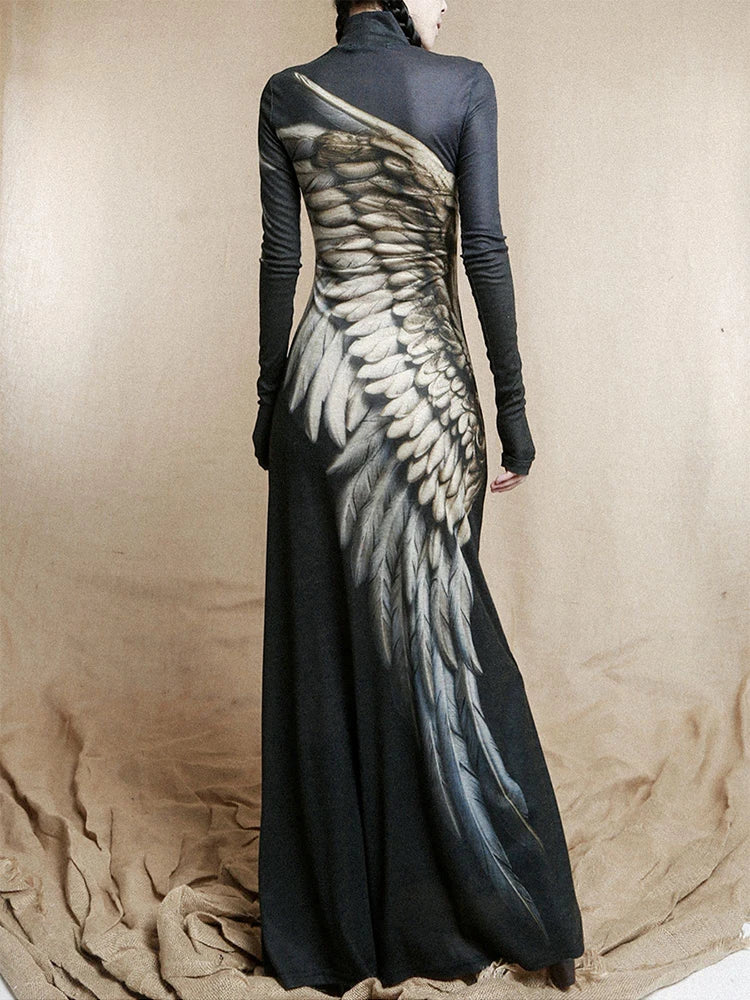 CHEERART Vintage Wing Feather Long Sleeve Dresses Fall 2025 Fashion Woman Turtleneck Mesh A Line Maxi Dress Evening Luxury