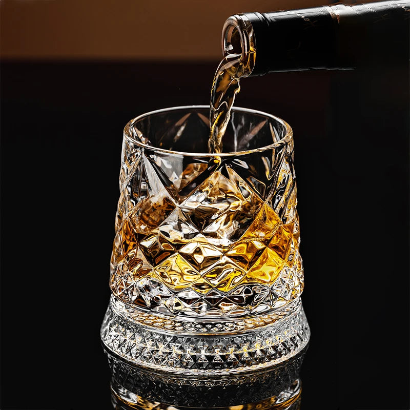 Rotating Whisky Glasses with Glass Base 360 Rotate Degrees Crystal Rum Glass for Cocktail Party Drinking