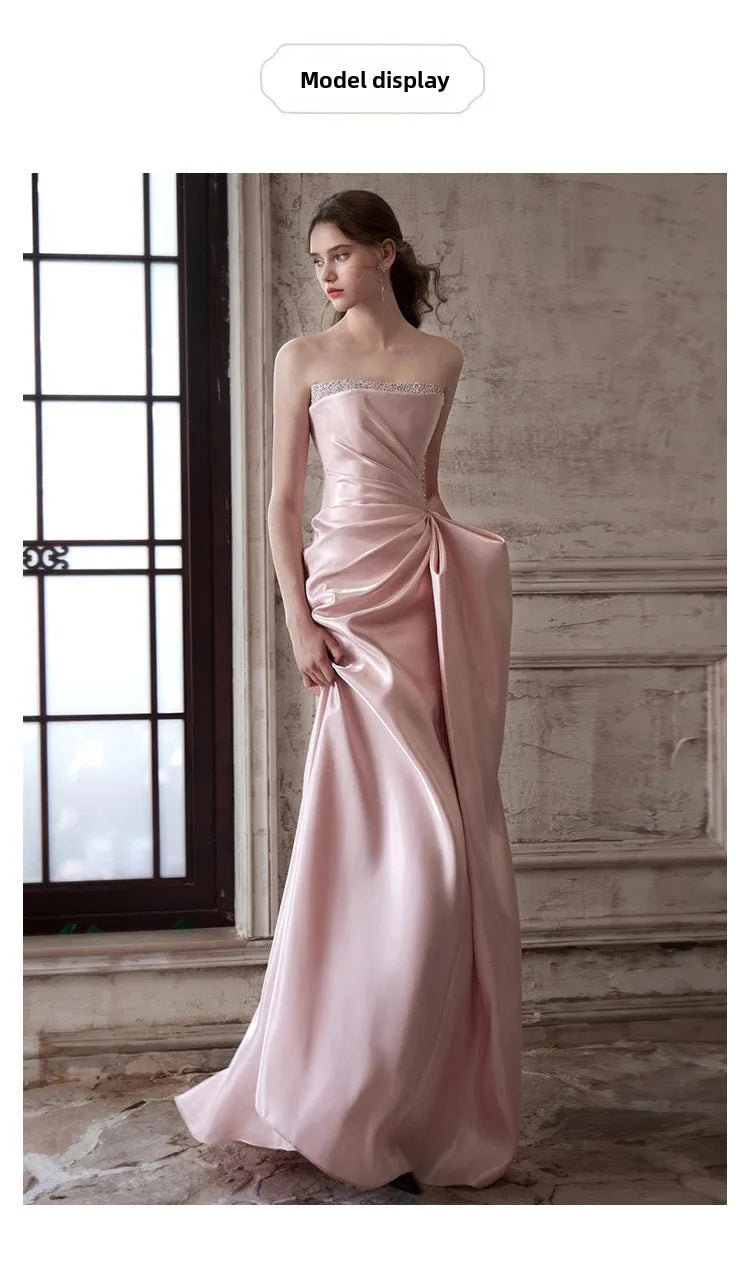 Pink Strapless French Evening Gown 2026 New High-end Annual Meeting Host Engagement Banquet Bride Toast Costume Customization