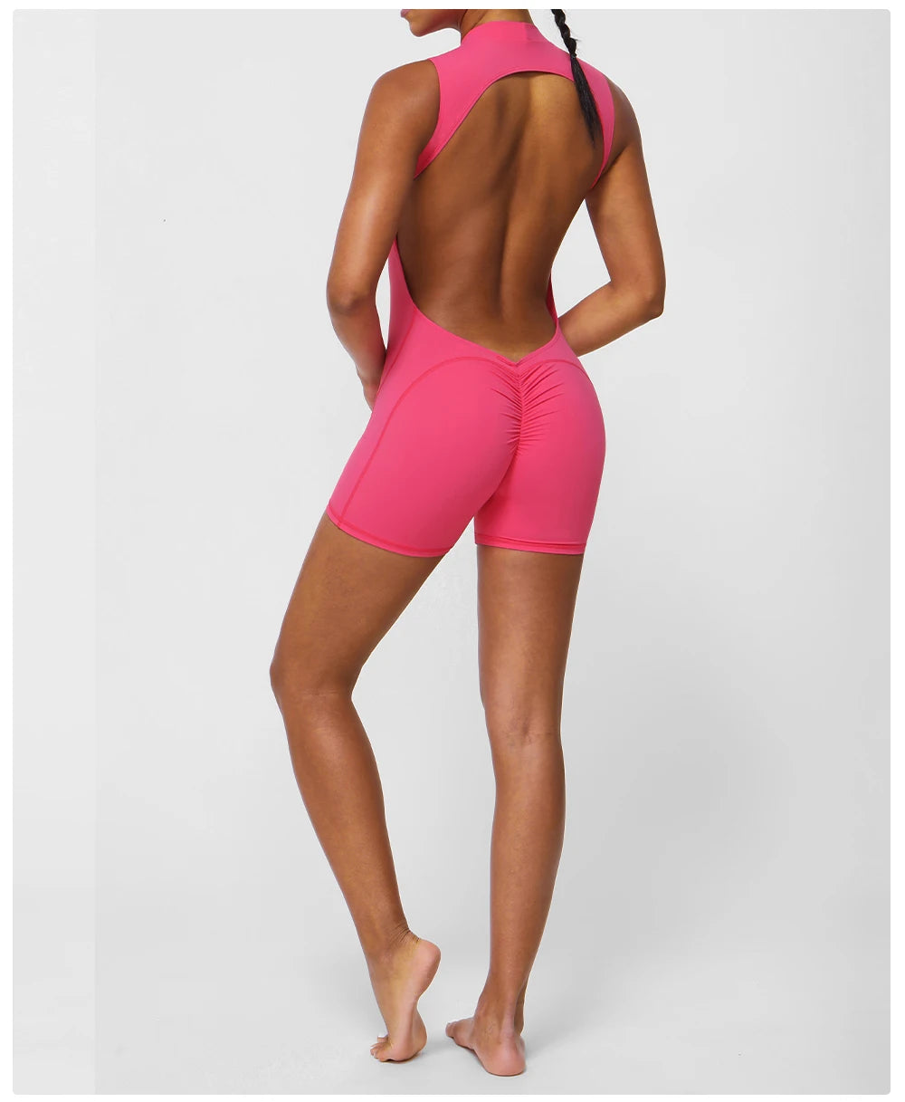 Women Fitness Backless Jumpsuit Sleeveless Gym Running Training Shorts Set Lift Buttocks Padded Jumpsuit