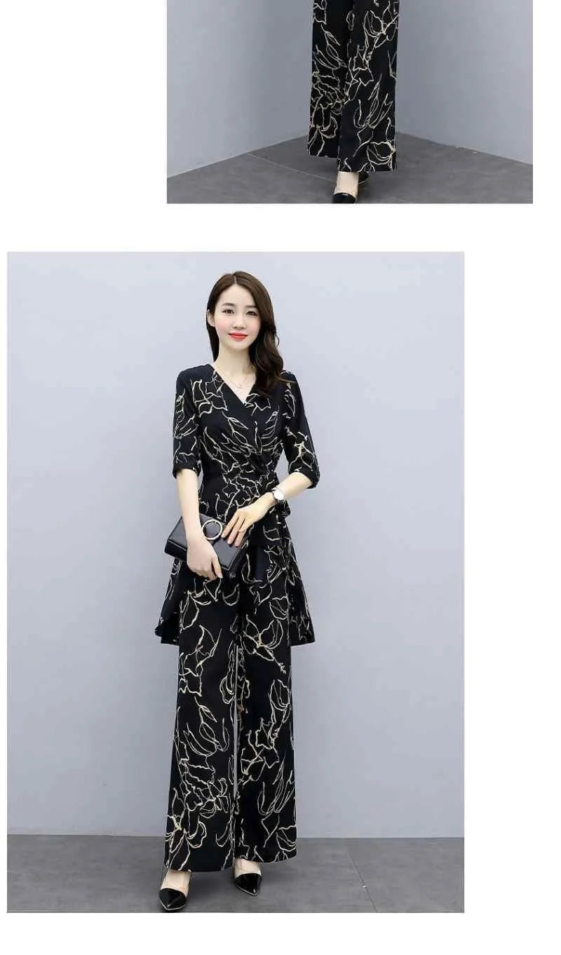 2 Piece Set Women Casual Fashion Printing Pants Suit Short Sleeve Tops +Wide Leg Pants 2 Piece Outfits Women White Set Summer4XL