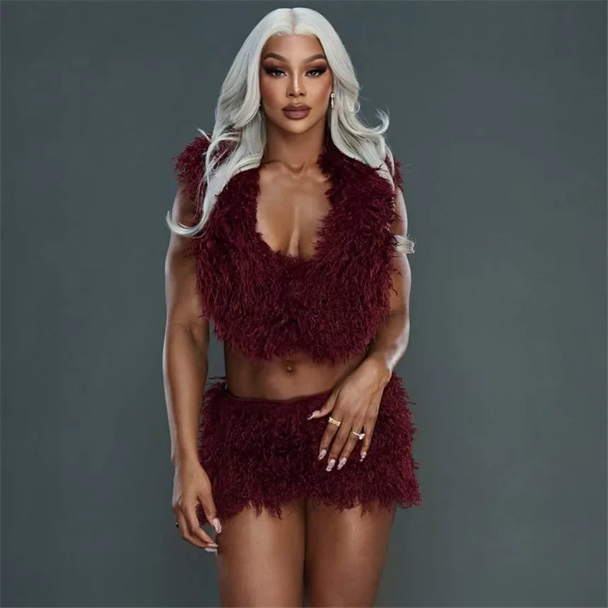 2026 Fall Winter Fashion Faux Fur 2 Piece Set Women Lace Up Backless Hooded Tank Tops + Bodycon Mini Skirts Casual Street Suits