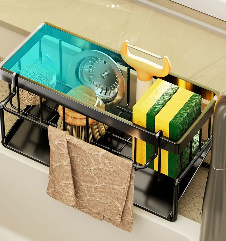 Kitchen Sink Drain Rack Organizer Stainless Steel Self Draining Sink Shelf Soap Sponge Holder Dishcloth Towel Rack Filter Basket