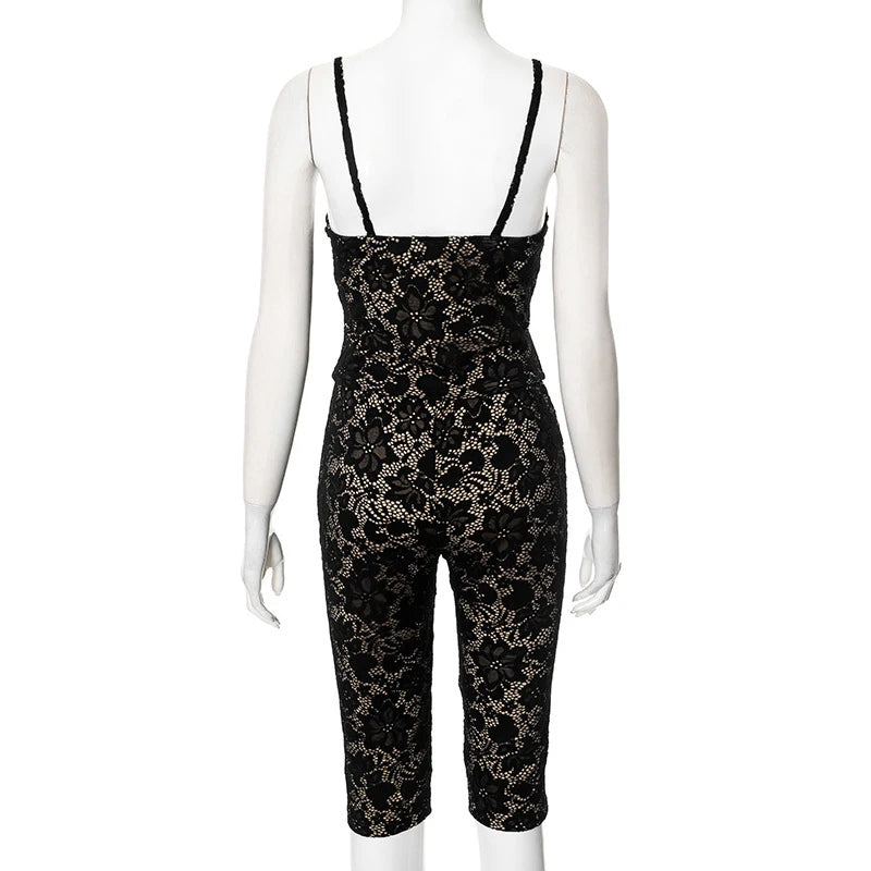 Sexy Women Hollow Out Spaghetti Strap Lace Capri Set Two-Piece Outfits Night Out Club Overalls Rave Outfits