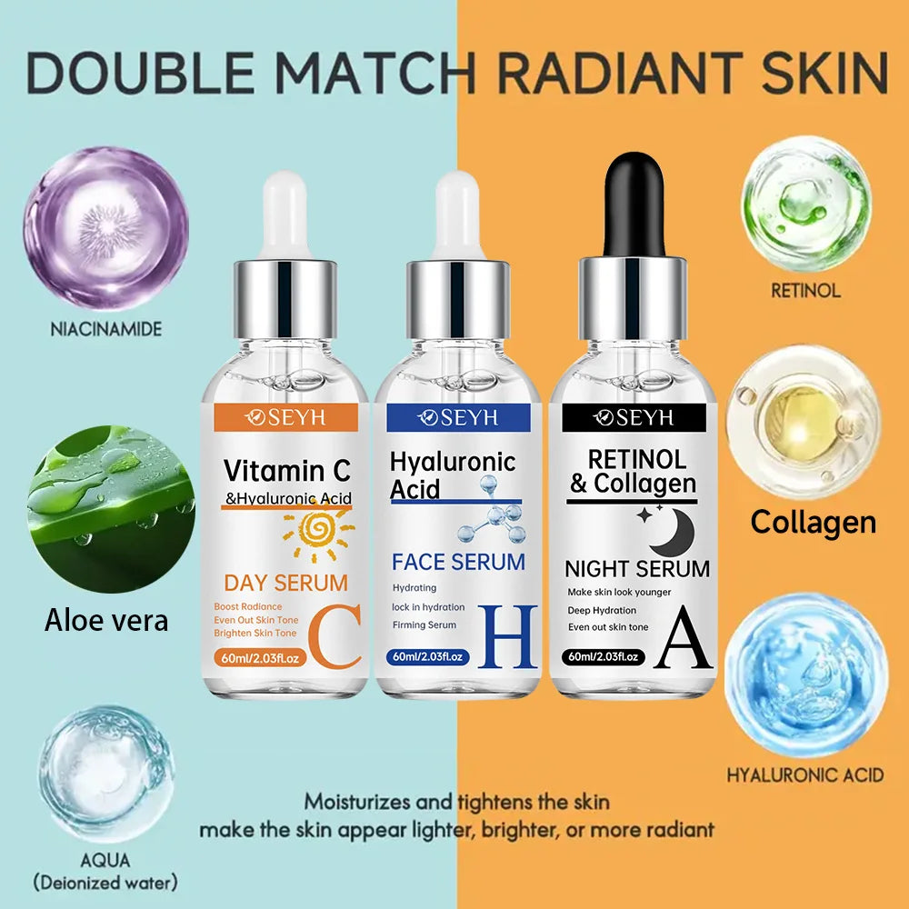 SEYH 3-Piece Set Day & Night Vitamin C + Retinol + Hyaluronic Acid with Collagen Aloe Vera Niacinamide Brightening Skin Tighteni