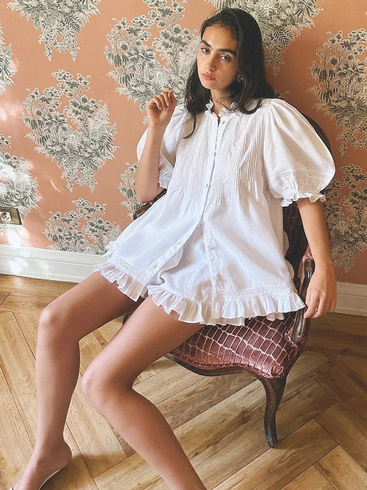 Casual Print Women Shorts Set Ruffles Puff Sleeve Button Top Empire Elastic Waist Pants 2026 Summer Autumn Beach Lady Outfit New
